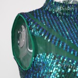 Green Sequined Mesh See Through High Neck Sleeveless Mini Dress