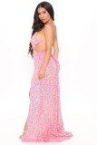 Pink Sequins Sleeveless Backless Slit Cami Maxi Dress
