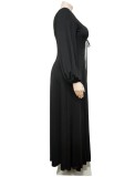 Plus Size Black V-Neck Keyhole Long Sleeve Slit Loose Maxi Dress