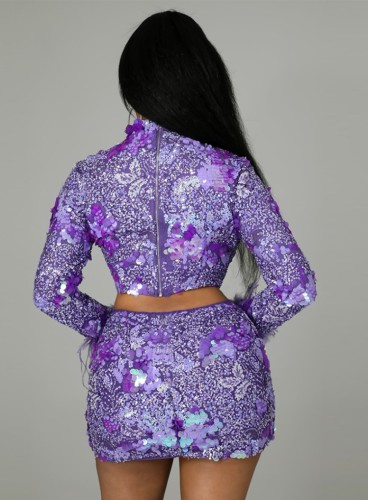 Purple Sequins Long Sleeves Irregular Crop Top and Mini Skirt 2PCS Set