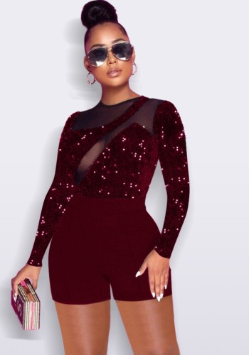 Burgunry Sequins Upper O-Neck Long Sleeve Bodycon Rompers