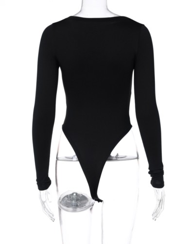 Black U-Neck Long Sleeve High Cut Tight Bodysuit
