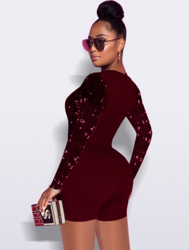 Burgunry Sequins Upper O-Neck Long Sleeve Bodycon Rompers