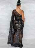 Black Sequins Mesh See Through One shoulder Single Sleeve Maxi Dress