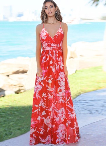 Red Floral Cami V-Neck Maxi Dress