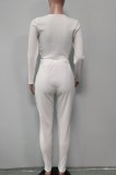 White Rib V-Neck Long Sleeves Crop Top and High Waist Pants 2PCS Set