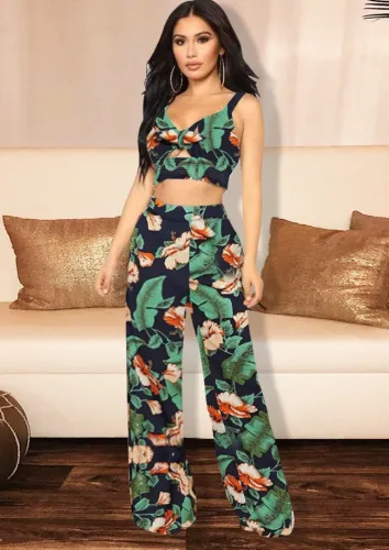 Print Wide Cami Blouson Crop Top and High Waist Loose Pants 2PCS Set