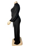 Plus Size Black Round Neck Puff Sleeve Ruched Drawstring Top and Loose Pants 2PCS Set