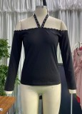 Black Pearl Halter Off Shoulder Long Sleeve Shirt