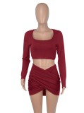 Red Square Neck Long Sleeve Crop Top And Wrap Mini Dress 2PCS Set