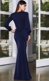 Blue Silk V-Neck Long Sleeve Tight Mermaid Maxi Dress