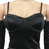Black Silk Long Sleeve Off Shoulder Cami Irregular Maxi Dress