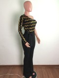 Golden Sequins Wavy Stripes Black One Sholder Single Sleeve Loose Jumpsuit With Belt