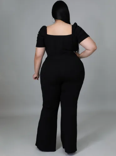 Plus Size Black Sweetheart Collar Short Sleeves Loose Jumpsuit