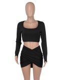 Black Square Neck Long Sleeve Crop Top And Wrap Mini Dress 2PCS Set