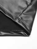 Black PU Leather Lace Patch Turtleneck Long Sleeve Backless Slinky Mini Dress
