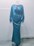 Green Silk V-Neck Long Sleeve Tight Mermaid Maxi Dress