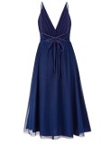 Blue Deep-V Cami Backless A-line Mesh Long Dress with Belt