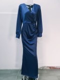 Blue Silk V-Neck Long Sleeve Tight Mermaid Maxi Dress