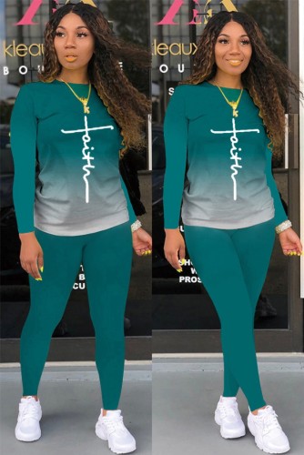 Letter Print Green Gradient 0-Neck Long Sleeve Top And Pant 2PCS Set