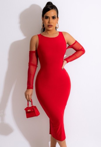 Red Mesh Patched 0-Neck Long Sleeve Slit Midi Dress