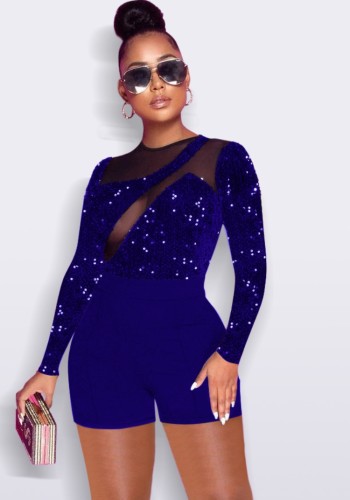 Blue Sequins Upper O-Neck Long Sleeve Bodycon Rompers