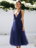 Blue Deep-V Cami Backless A-line Mesh Long Dress with Belt