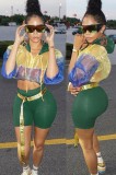 Contrast Color Hoody Crop Top and Green High Waist Shorts 2PCS Set