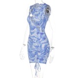 Print Hollow Out O-Neck Sleeveless Drawstring Slinky Mini Dress