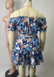 Plus Size Floral Print Off Shoulder Short Sleeves Crop Top and Mini Skirt 2PCS Set