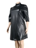 Plus Size Black Leather Turtleneck 3/4 Sleeve Mini Dress