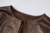 Brown Pu Leather Tie Up O-Neck Long Sleeve Crop Top And Pant 2PCS Set