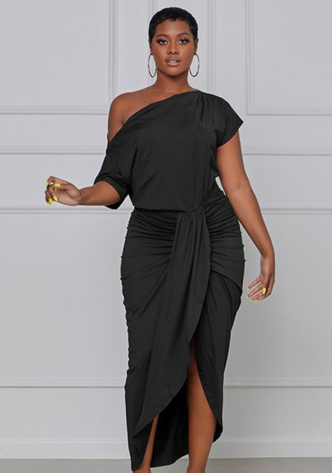 Black Slant Shoulder Short Sleeve Ruched Irregular Long Dress