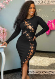 Black O-Neck Lace Up Cut Out Long Sleeve Tight Long Dress