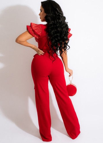 Red Sequins V-Neck Flounce Short Sleeve Trendy Jumpsuit with Belt