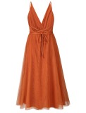 Orange Deep-V Cami Backless A-line Mesh Long Dress with Belt