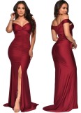 Burgunry Sweetheart Short Sleeve Ruched Slit Maxi Dress