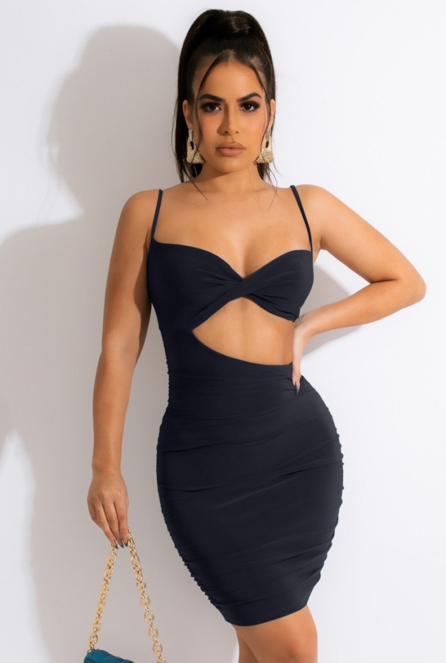 Black Cami Cut Out Ruched Slinky Midi Dress