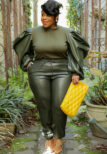 Plus Size Green PU Leather Puff Sleeve O-Neck Long Sleeve Top and Pants 2PCS Set