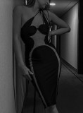 Black Contrast Khaki Backless Halter Cami Midi Dress