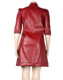 Plus Size Burgunry PU Leather Turtleneck Half Sleeves Mini Dress