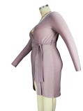 Plus Size Purple V-Neck Long Sleeve Slinky Mini Dress with Belt