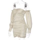 Khaki Silk Off Shoulder Long Sleeve Ruffle Ruched Mini Dress