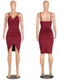 Red Cami V-Neck Ruched Slit Mini Dress