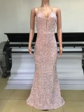 Pink Sequins Sleeveless Backless Slit Cami Maxi Dress