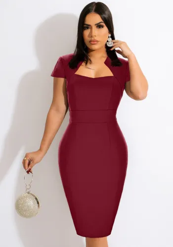 Red Square Neck Short Sleeves Bodycon Midi Dress