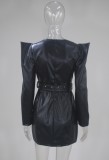 Black Faux Leather V-Neck Long Sleeve Tight Mini Dress with Belt