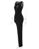 Black O-Neck Half Sleeves Hollow Out Irregular Maxi Dress