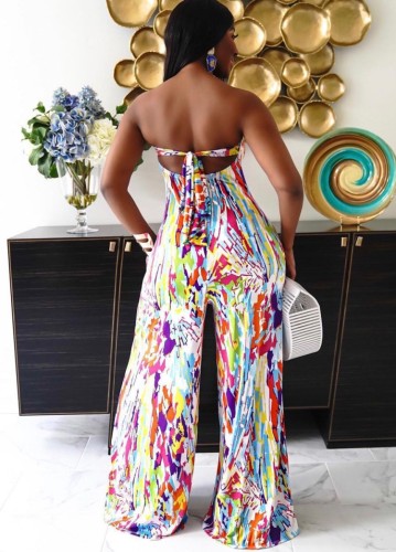 Colorful Print Off Shoulder Wide Leg Jumpsuit