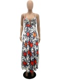 Leaf Print White Hollow Out Cami Sleeveless Backless Maxi Dress